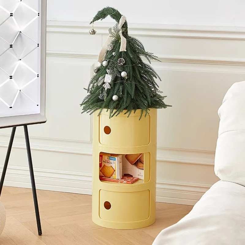 Nordic Small Round Nightstand Compact Plastic Storage Cabinet Space Kids Bedroom Minimalist Modern Side Table Living Room Deco