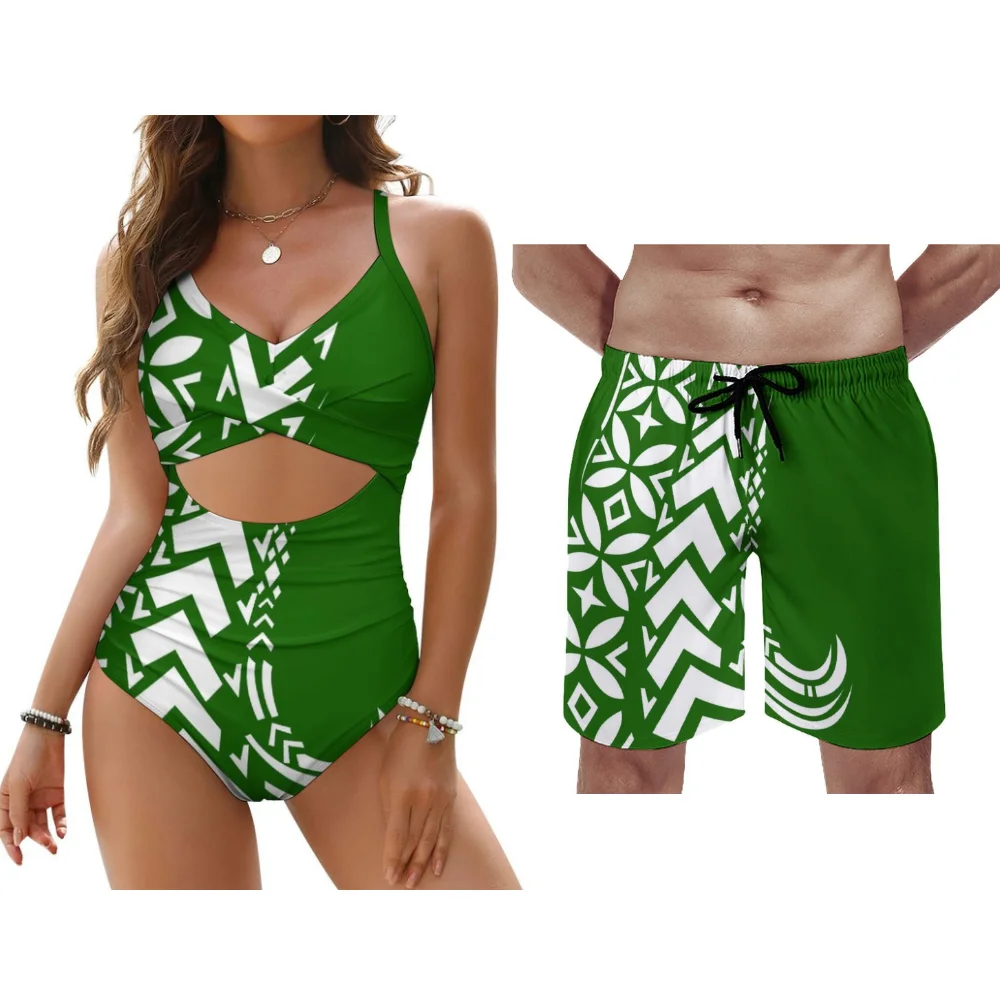 Hete zomer Polynesische aangepaste paar kanten bikini heren trunks dames push-up badmode strandvakantie splash