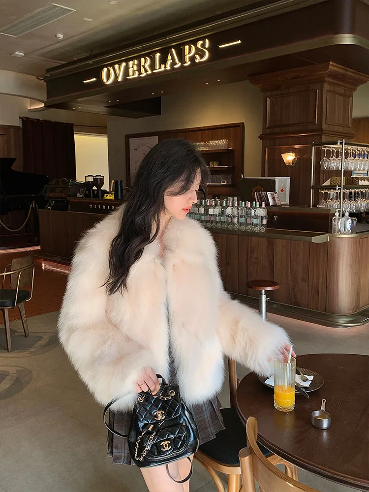 Women Faux Fox Fur Coats Solid Short Jackets Long Sleeves Turn Down Collar Open Stitch Loose Elegant Casual 2026 Autumn Winter