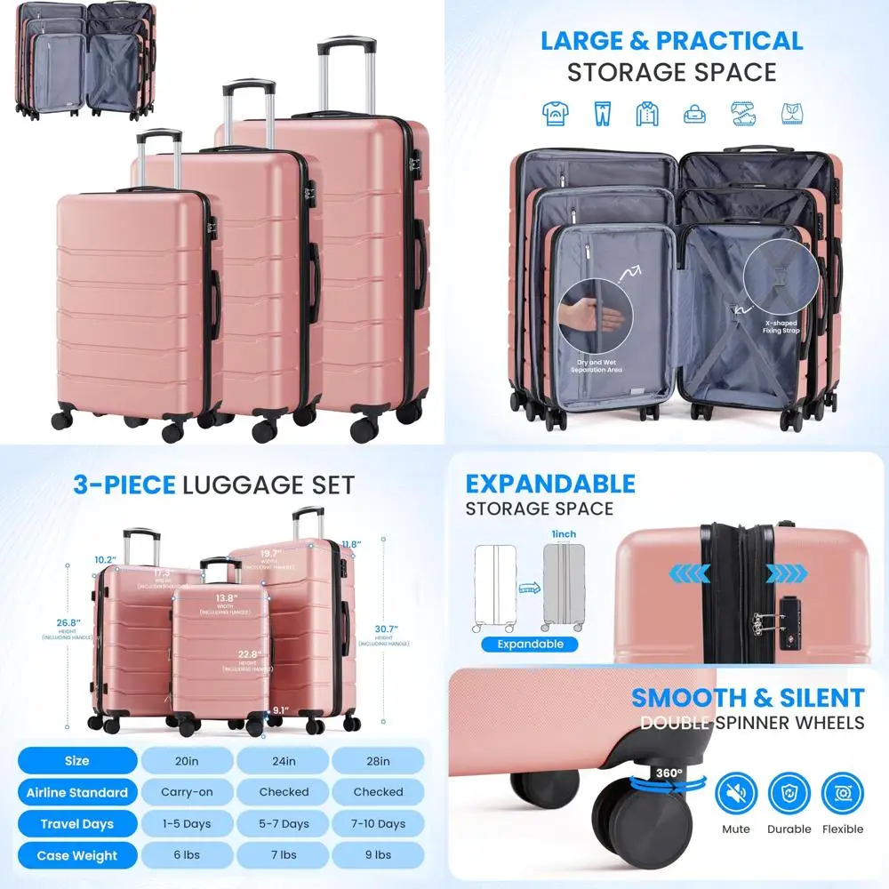 

Expandable Lightweight Hard Shell Luggage Set with Double Spinner Wheels, TSA Lock, 3-Piece Suitcase for Travel