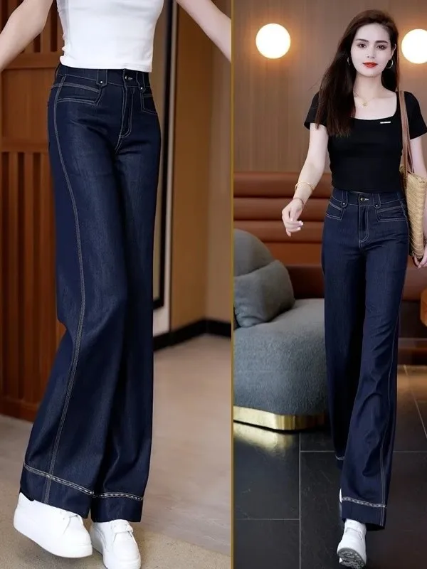 

Deep Blue Slim Fit Women's Denim Wide Leg Pants High Waist Straight Cut Trousers Summer New Sle Casual Wear Resistant