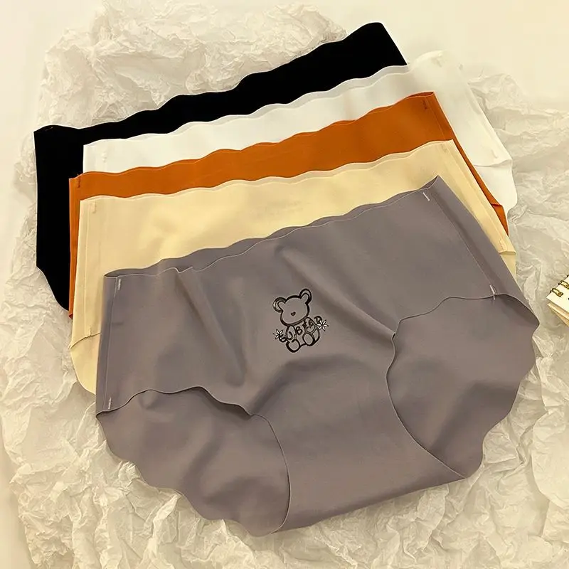 

Ice Silk Women's Underwear Bear Print Mid Waist Sexy Triangle Panties Breathable Cool Hip Lifting Thin Lingerie for Summer