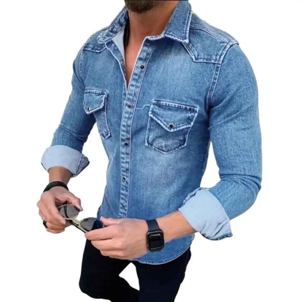 Fashion Long Sleeve Slim Fits Lapel Collar Pockets Denim Shirt Casual Men\'s Top denim shirts Джинсовые рубашки 2023 New