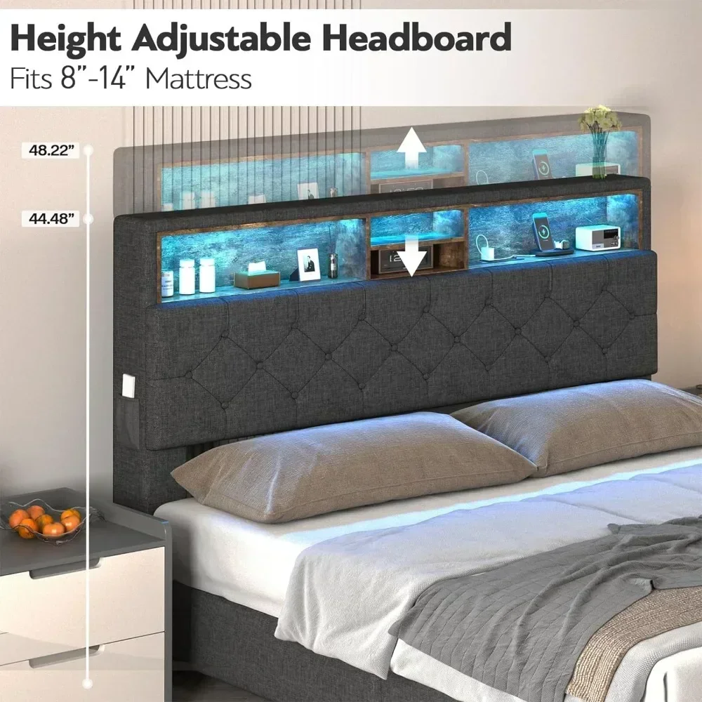 ##For LED Bed Frame with Headboard, Queen Platform Bed Frames with Storage Drawers and Charging Station, Queen Size Bed Frame& - view 3
