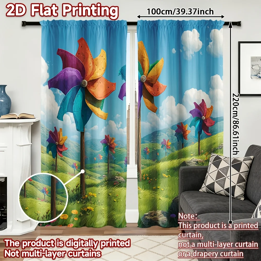Colorful Pinwheel Flower Curtain, Fantasy Meadow & Blue Sky Print Drape, Whimsical Garden Window Treatment for Kids Room Living