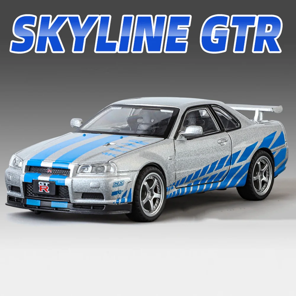 

Масштаб 1/32, игрушечный автомобиль SKYLINE GTR R34, металлические поднятые модели, спортивные автомобили с выдвижным колесом, искусственная музыка, суперкар, детские подарки