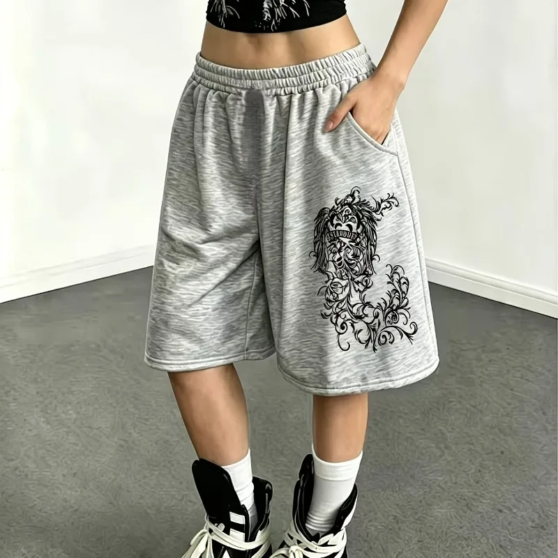 Trendy Light Gray Dark Print Medium Long Punk Style Casual Shorts for Summer, New Unisex Casual Shorts