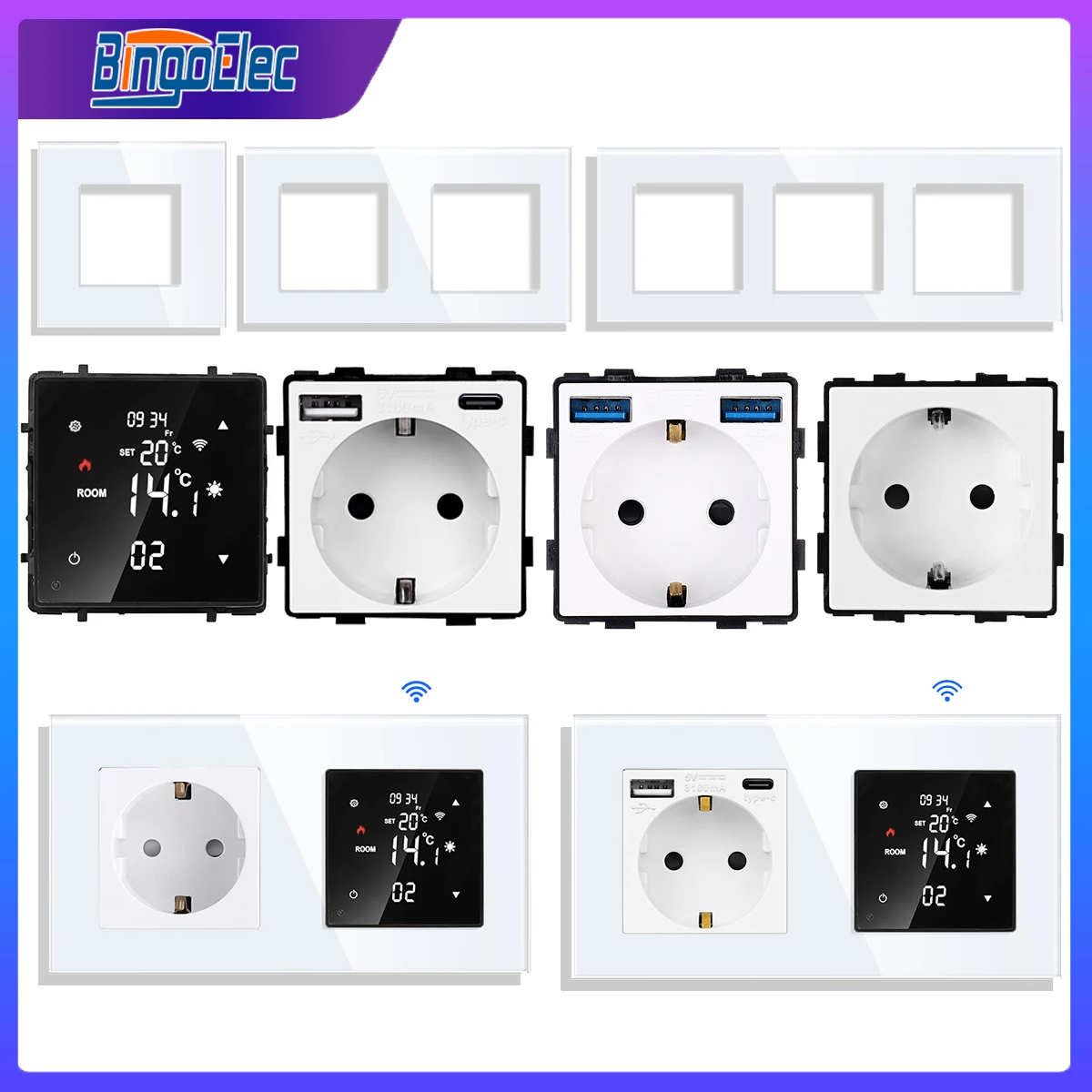 Bingoelec EU Standard Tuya WiFi Thermostat Part Glass Panel Parts Wall Socket USB TypeC Port Function Keys White DIY Module Part