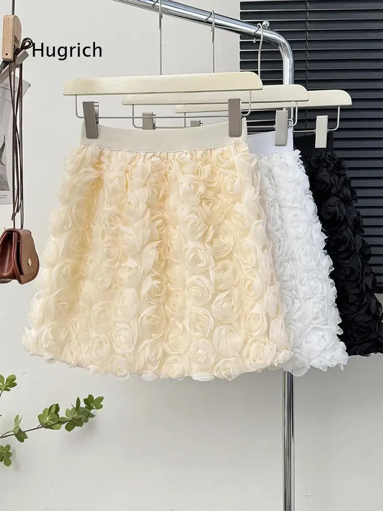 High Waist A Line Mini Skirt For Women 3D Rose Floral Decoration Sweet Bodycon Short Skirt Suitable For Daily Wear And Party Ev