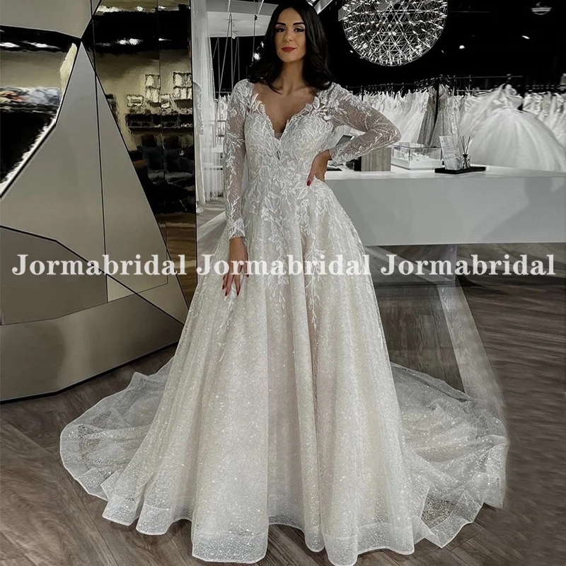 

Vestidos de Novia Shiny Lace Wedding Dresses with Long Sleeves V-Neck Appliques Bridal Gowns Open Back Trouwjurk Bride Dress