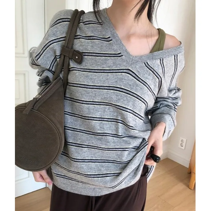 Maglione lungo a righe Sve lavorato a maglia chic V-Ne per donna T-shirt vintage Lazy Sle Fre Age-Defng Top casual Faion