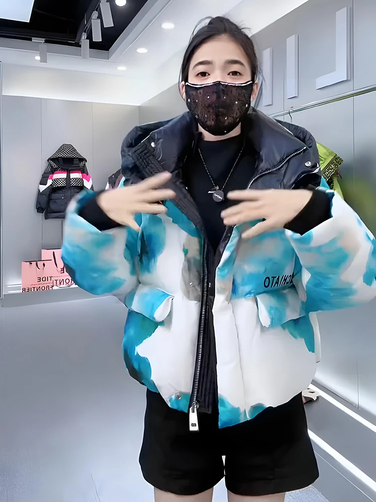 الشتاء قصيرة مطبوعة التعادل صبغ مقنعين أسفل سترة المرأة الأبيض بطة أسفل سترة أسفل عادية الإناث سستة سميكة الدافئة باركر أبلى #2