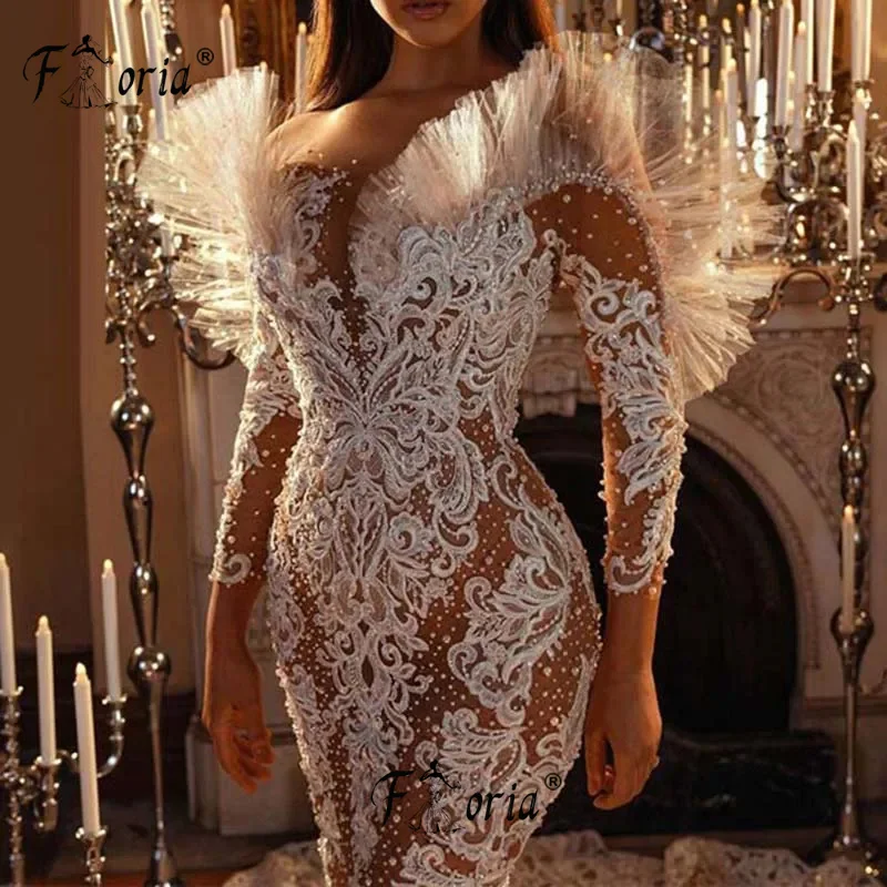 Gorgeous Dubai African Woman Wedding Dress Pearls Lace 3D Appliques Ruffled Shoulder Bridal Gown Formal Evening Dress Vestidos