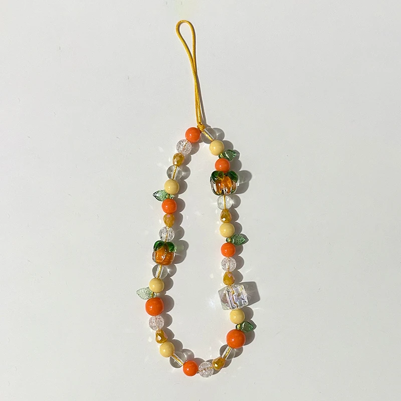 Korean Cute 3D Orange Persimmon Beaded Phone Chain Charm Lanyard For iPhone Samsung Universal Accessories Girl Jewelry Pendant