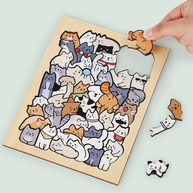 Kids Creative Animal Shape Puzzles Table Games Dog Cat Panda Stacked Puzzle Brain Games Montessori Thinking Education Wooden Toy