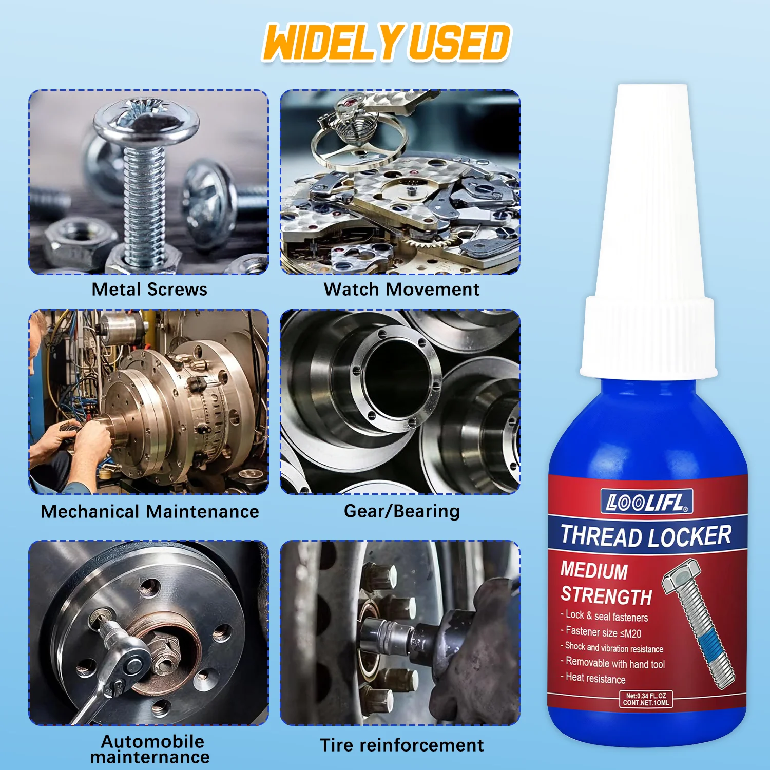 LOOLIFL ブルー中強度ネジロック剤、ユニバーサルネジ接着剤、すべての金属ネジ部品用、取り外し可能防水