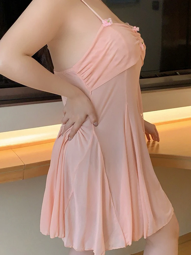 Sexy Strap Nightwear Mesh Uniform Temptation Transparent Solid 3D Flower Camisole Women Dress Backless Summer Charm Sweet