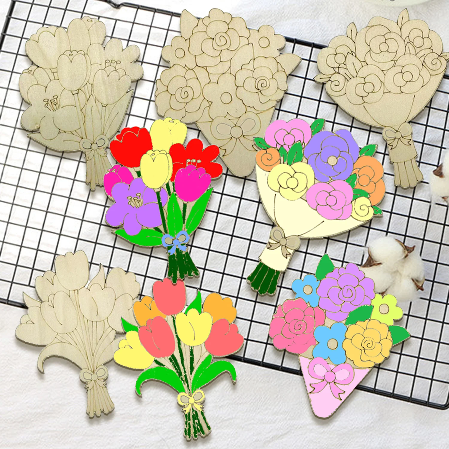 12 Stück/Set Blumenstrauß Holzornament Unbemalte Rosen/Lilien Bastelbedarf für Hochzeit Geburtstag Party Dekoration Muttertag Geschenke