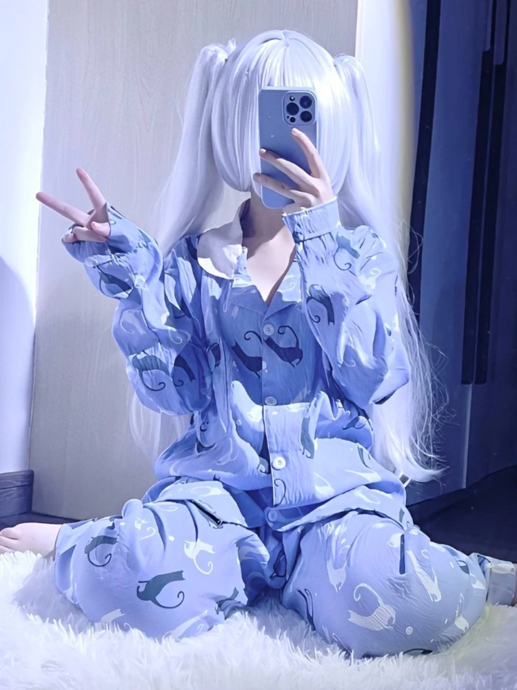 

Women's Light Blue Cat Print Pajama Set - Long Sleeve Button Top & Loose Pants Kawaii Loungewear Soft Sleepwear