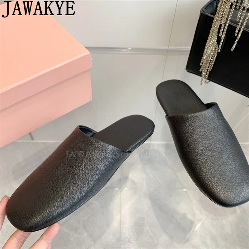 Cow Suede Round Wrap Toe Flat Slippers for Women Luxury Brand Designs Mules Slippers Female Summer Casual Punk Slippers Woman