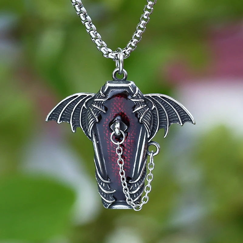 Gothic 316L Stainless Steel Coffin With Bat Pendant Necklace For Teens Punk Biker Darkly Jewelry Couple Gift Freeshipping