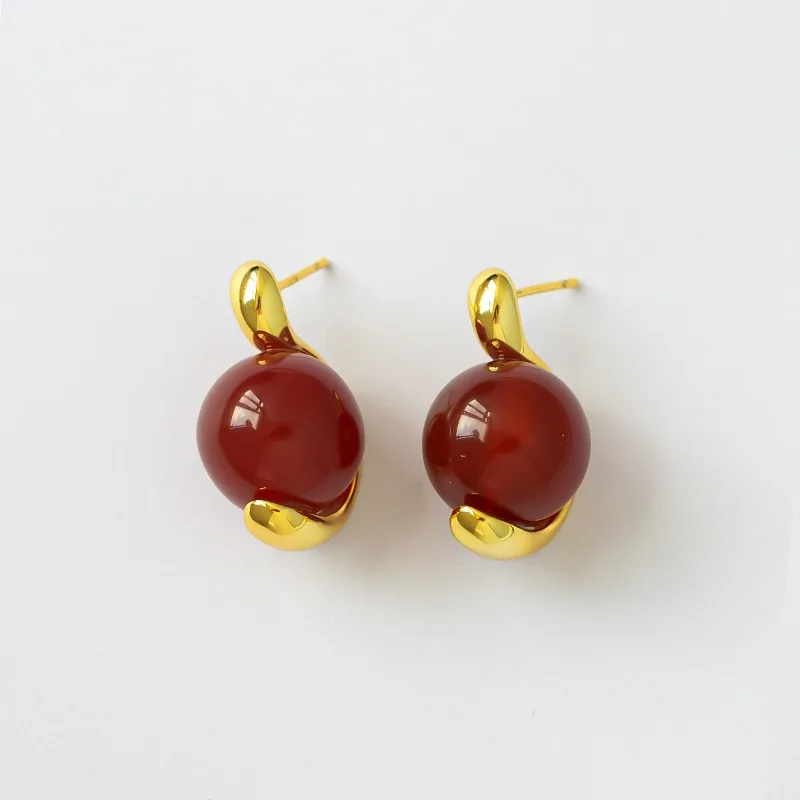 Spring Autumn New Arrival Grey, Wine Red Agate Ball Beads Earrings Star Same Style New Chinese Simple Fashion Advanced Simple