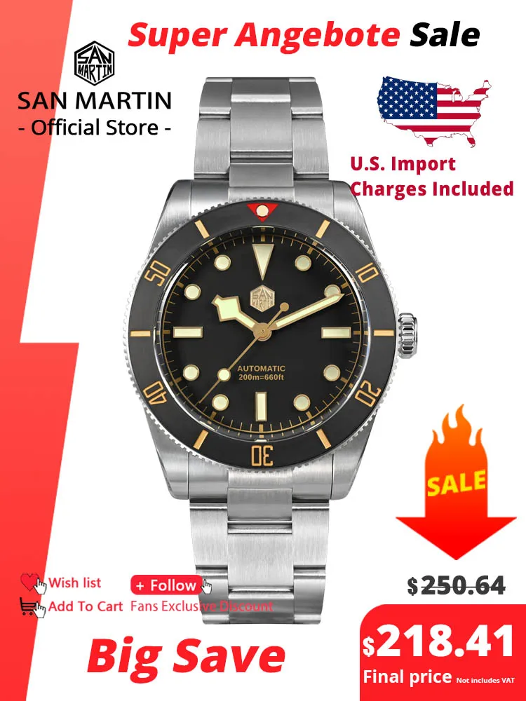 San Martin New 37mm BB54 Vintage Diver Watch NH35 Automatic Mechanical Men Wristwatches Sapphire Luminous Waterproof 200m SN0138