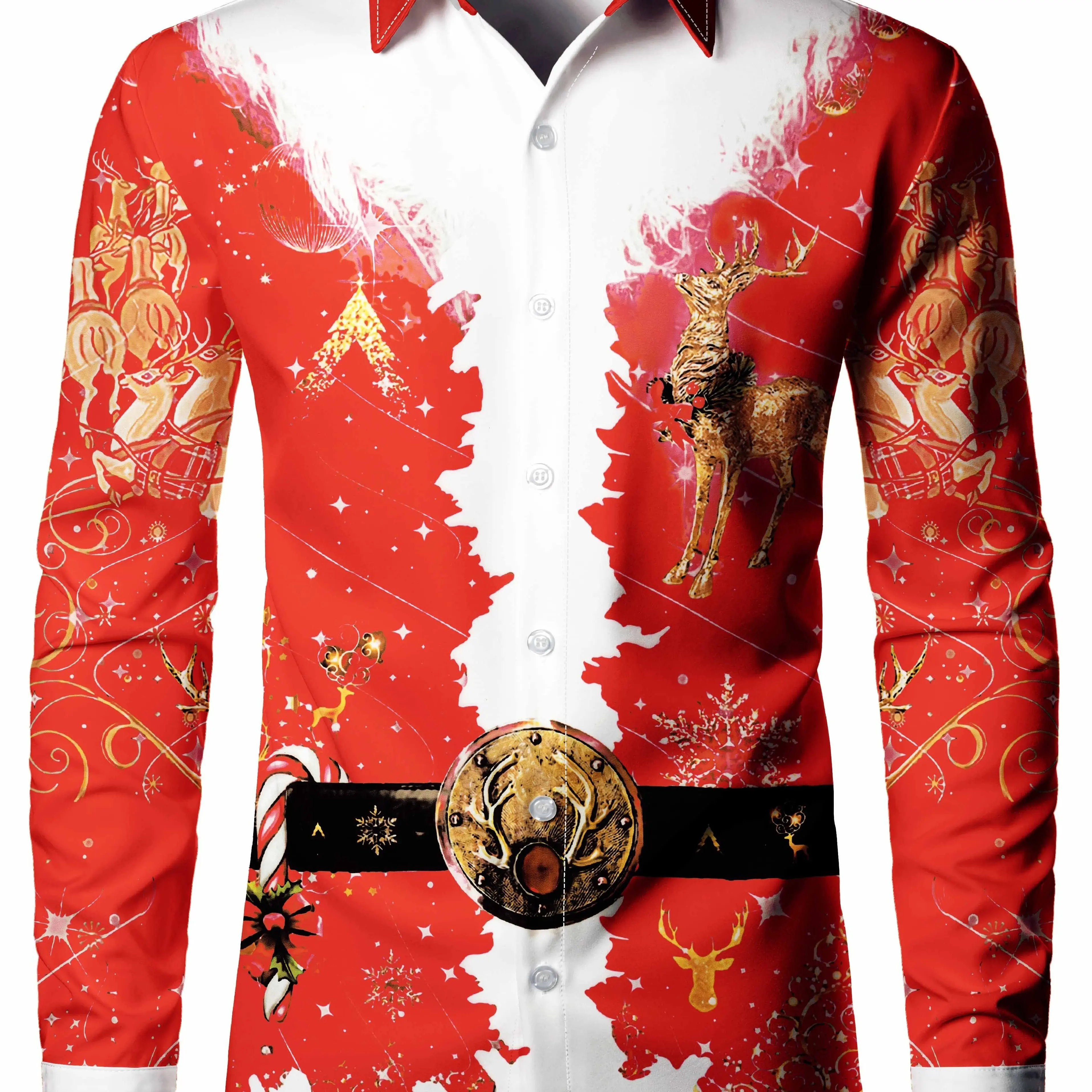 Camisa con patrón de Papá Noel para hombre, Tops con solapa, cierre de manga larga, camisas casuales para hombre, ropa de calle para vacaciones diarias