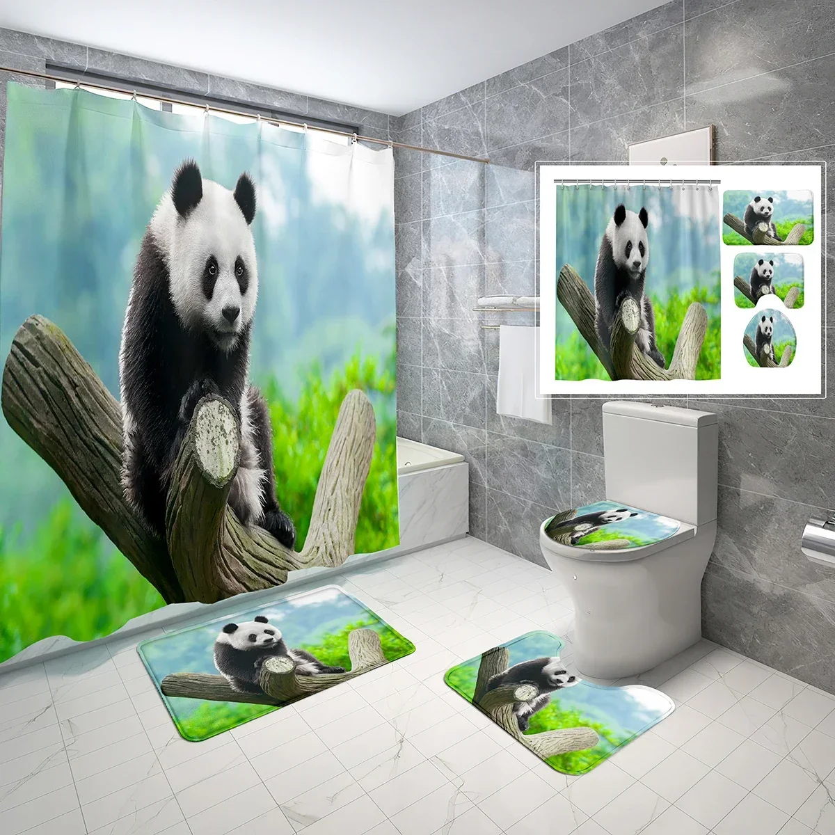 Animal Panda Shower Curtain Set Real Photo of Cute Panda 4 Pcs Shower Curtain Bathroom Non-Slip Bath Mat Toilet Cover
