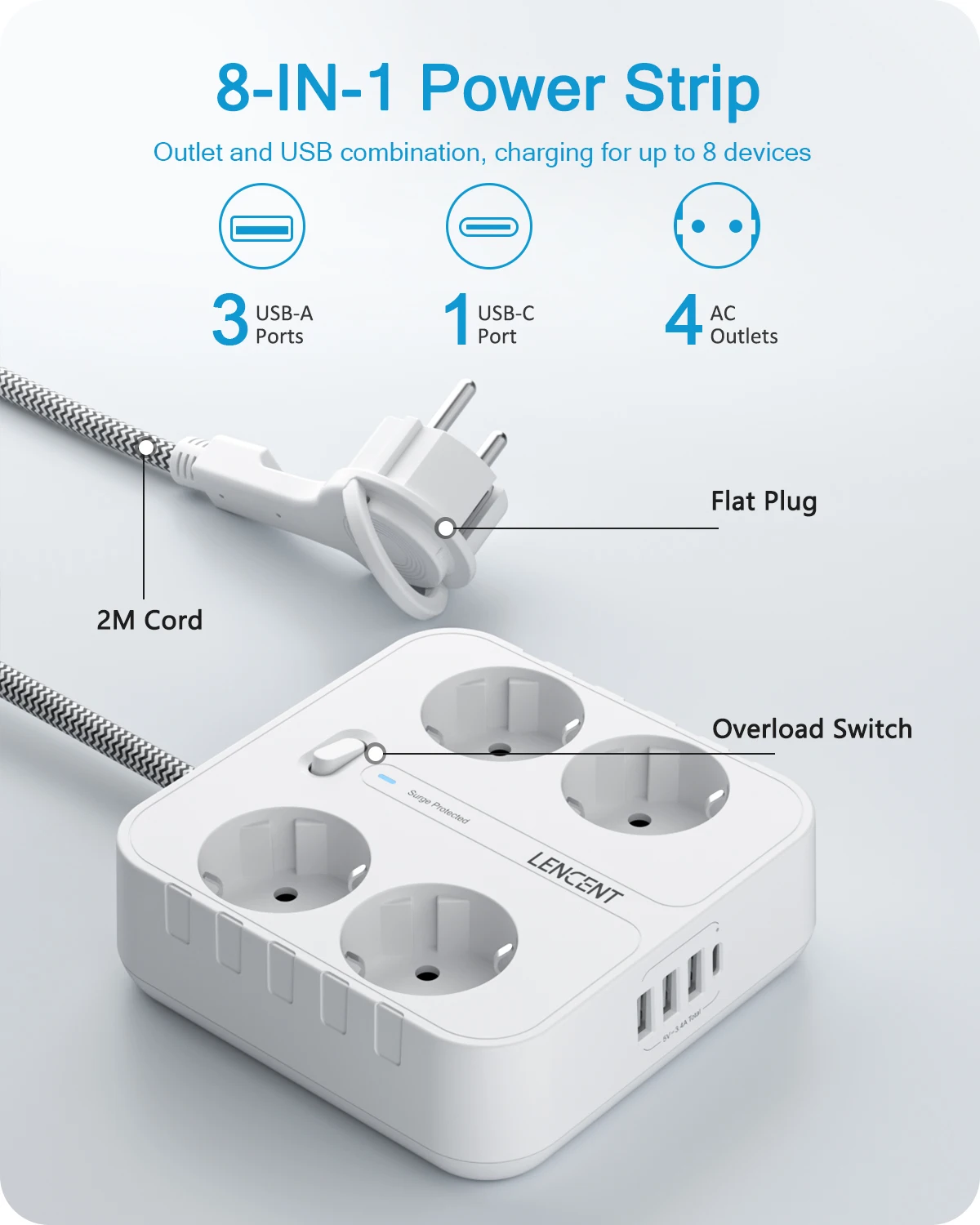 LENCENT EU Plug Power Strip with 4 AC Outlets+ 3 USB+ 1 Type C +2M/3M Braided Cable Multi Socket with Switch for Home/Office