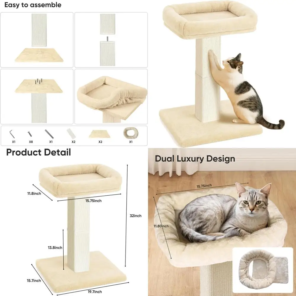 

32 Plush Perch Cat Scratcher with Sisal and Carpet, Elevated Bed, Removable Washable Cover, Beige