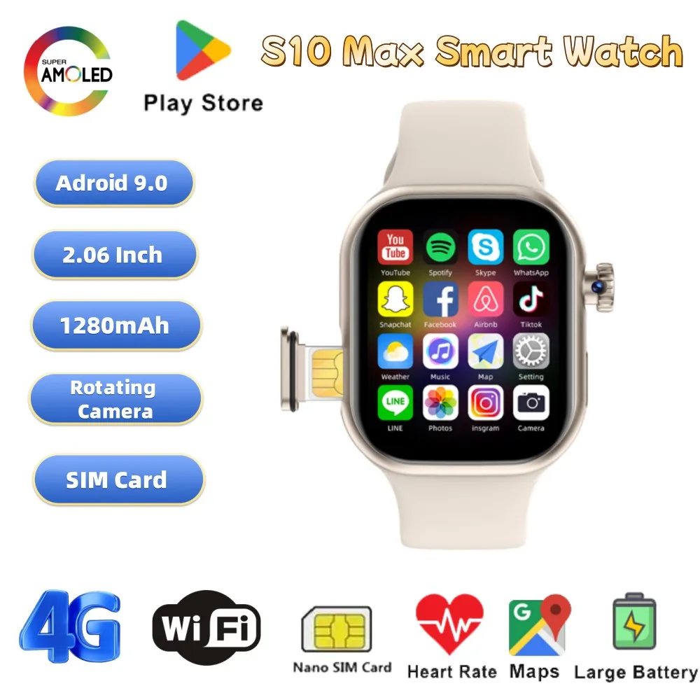 

NEW S10 Max Smart Watch 4G SIM Card 2.06''AMOLED Screen GPS WIFI 190°Rotating Camera Video Call Google Play Android Smartwatch