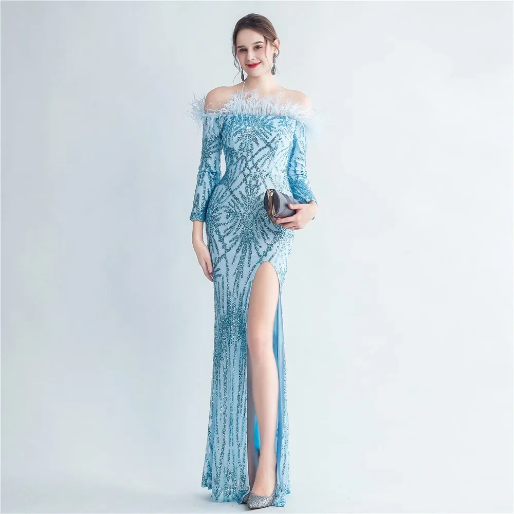 

Sladuo Evening Party Dress Sexy Slash Neck Sequins Whith Feather Long Sleeve Mermaid Slit Party Dress