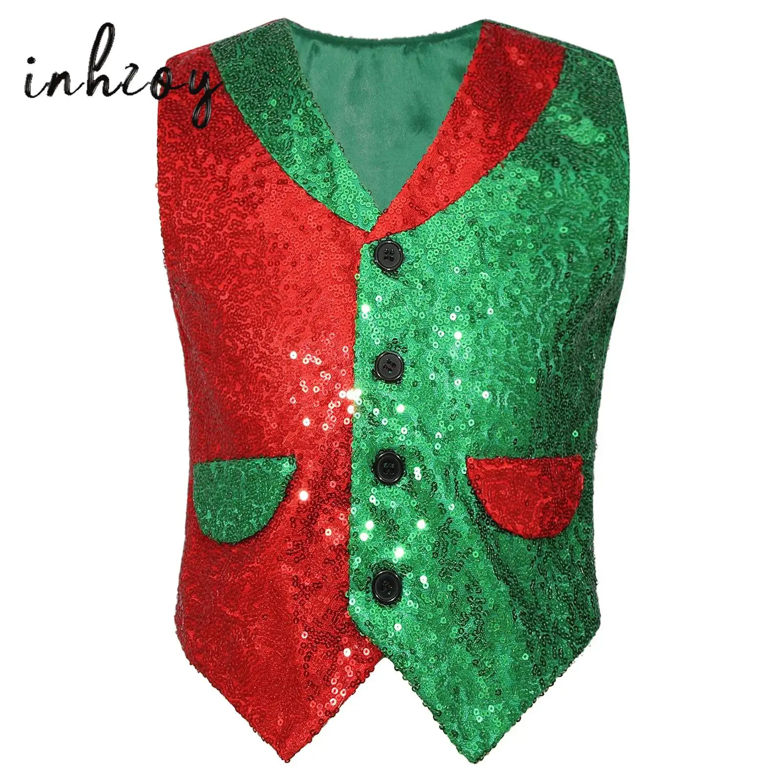 

Boys/Girls Sequins Dance Waistcoat Kids Sleeveless Santa Elf Vest Color Block Buttons Vest Jacket for Christmas Performance