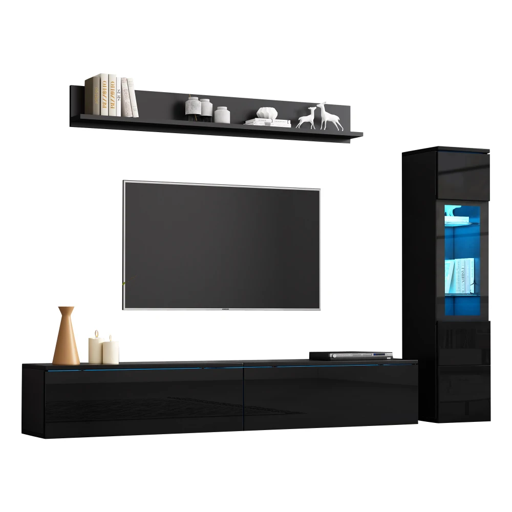 3-teiliges TV-Wohnzimmer-Wandset mit LED-Beleuchtung, Hochglanz-Möbelset, TV-Schrank, Vitrine und Hängeregal, für Fernseher bis zu 80 Zoll – Detail 23