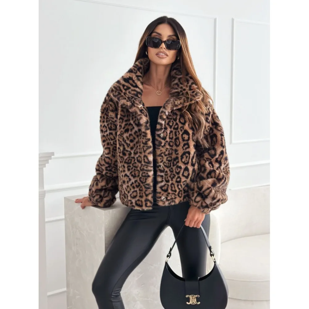 Long Sleeve Fashion Casual Leopard Print Jacket Women\'s 2024 New Hot Selling Temperament Commuter Mao Mao Short Jacket