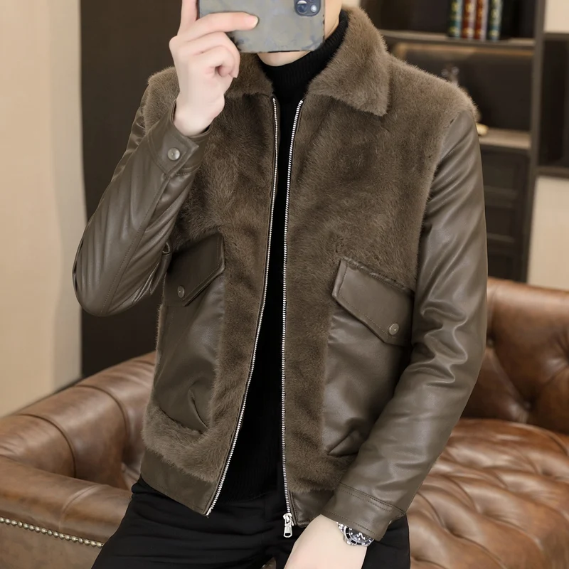 Autumn Winter Leather Fur Integrated Jackets Men Korean Casual Business Overcoat Thickened Warm Faux Fur Social Windproof Coats