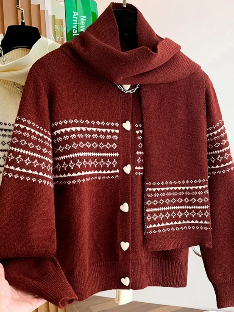 

Korean Sle Color Blo Fair Isle Knitted round Ne Open Cardigan Women's Autumn Winter Ele Soft Matching Scarf Sweater