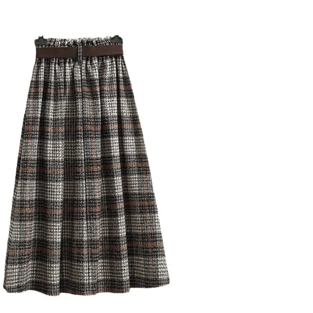 

Women's High Waist Slimming Midi Skirt Irregular Large Swing Retro Woolen Plaid Versatile Spring Autumn Fashion