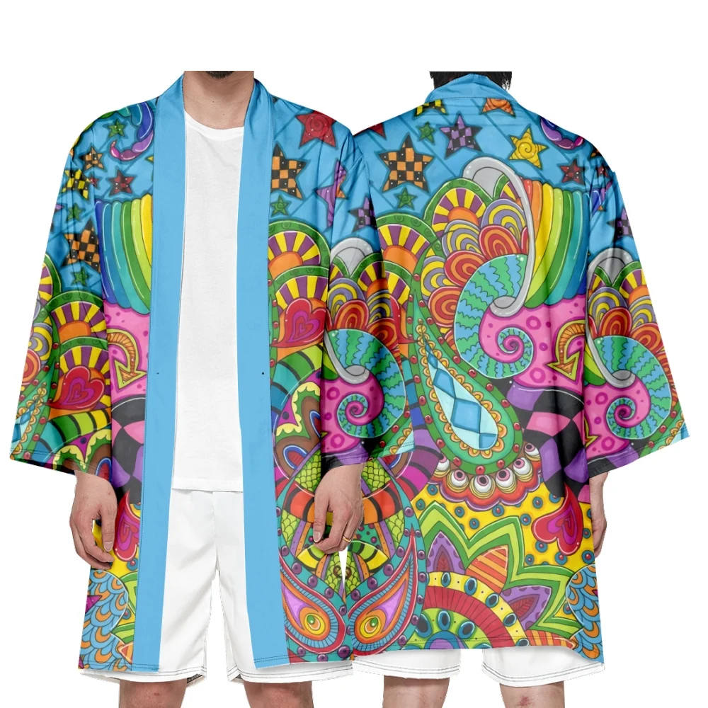 Men's Japanese Long Kimono Cardigan Men's Samurai Clothing Kimono Psychedelic Pattern Kimono Shirt Yukata Jacket