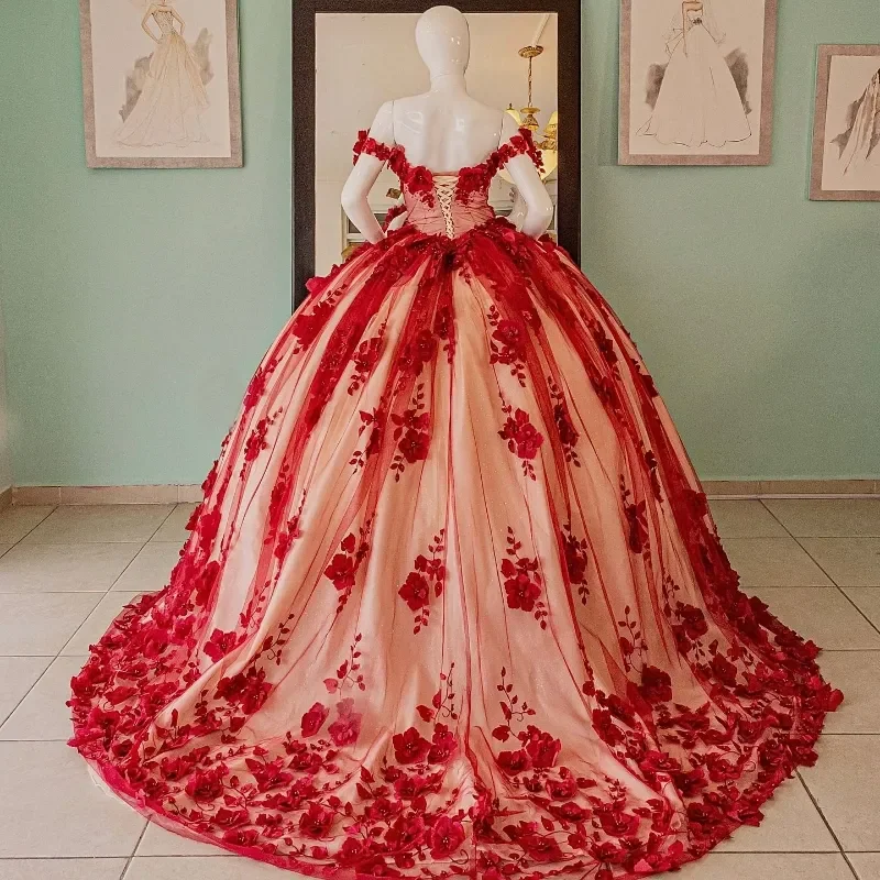 Sexy Mexican Red Quinceanera Dresses Pretty Flower Appliques Illusion Corset Shinning Off-Shoulder vestidos de 15 quinceañera