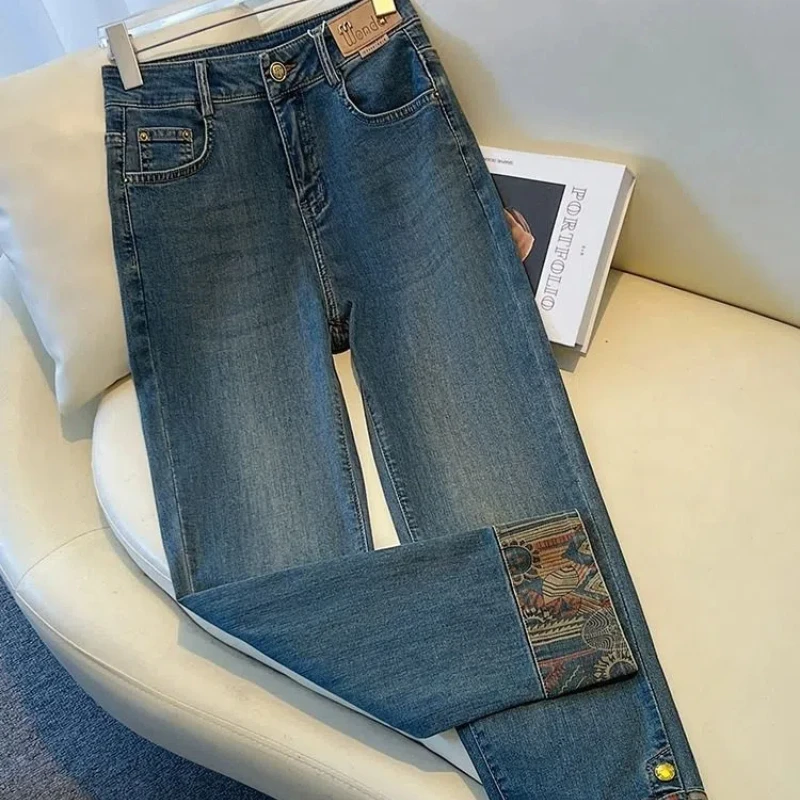 National Style Smoke Pipe Jeans for Women in Autumn 2024 New Ethnic Style Slim Fit Tall and Short Nine Inch Straight Leg Pants