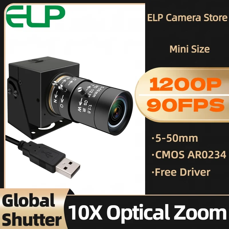 ELP 1200P 90FPS High Speed USB Camera Global Shutter 10X Optical Varifocal 5-50mm Manual Focus Webcam Plug and Play For PC,PI