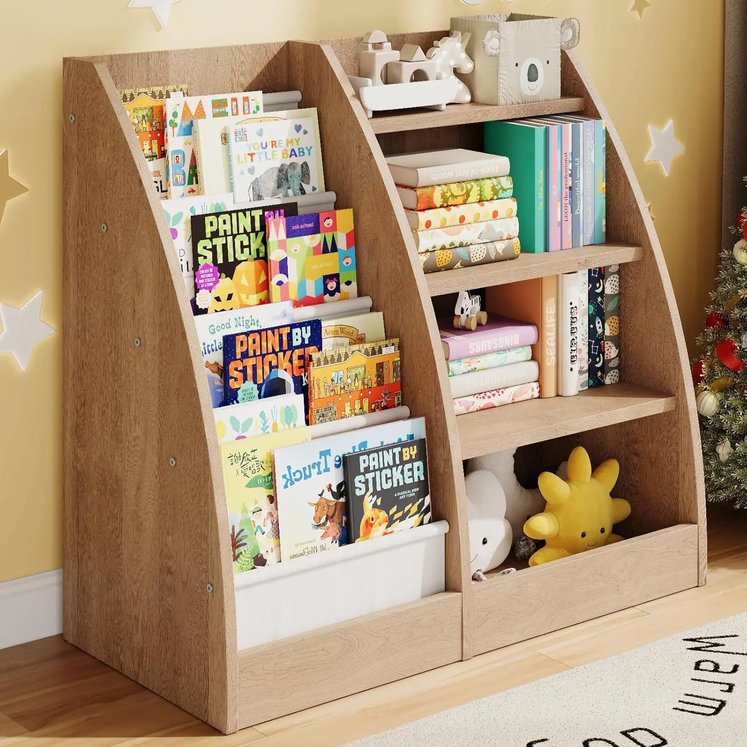 

4-Tier Kids Bookshelf with Sling Pockets for Bedroom and Nursery, Wood Bookcase Toy Organizer