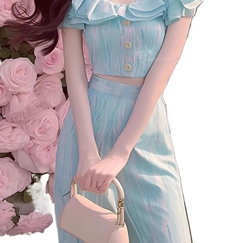 อารมณ์หวานและสดสีฟ้า Feifei แขนเสื้อกางเกงสองชิ้นชุดสตรีแฟชั่นพร็อพฤดูร้อนสูท