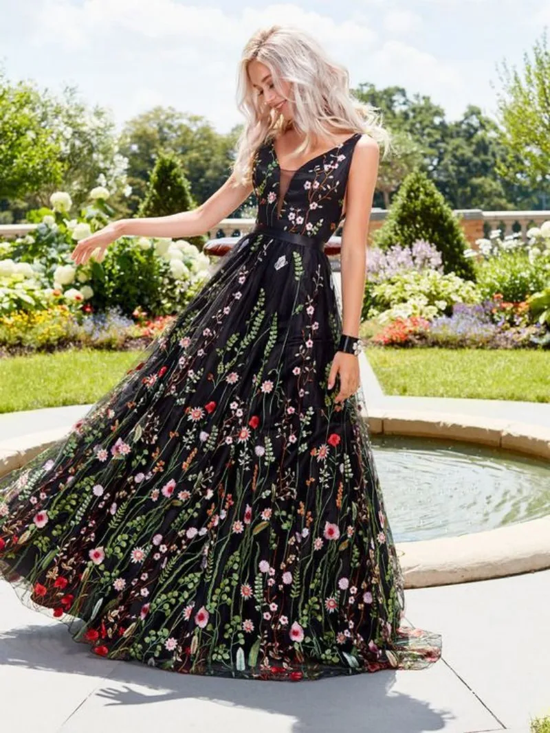 Sexy Vrouwen Diepe V-Hals Serene Heuvel Jurk Mode Vintage Bloemen Vestido De Noche Avondjurken Spaghtti Slip Gaas Galajurk