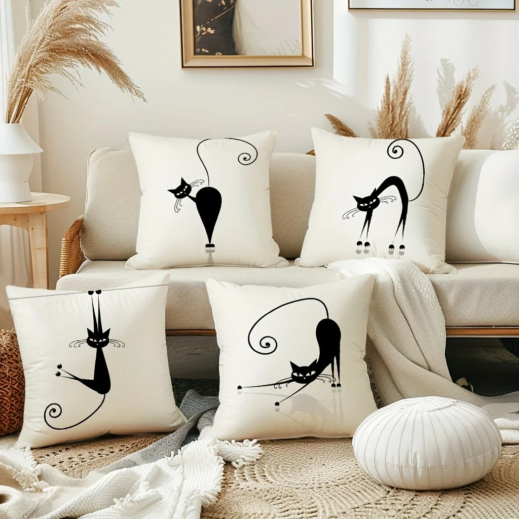 4-Piece Set, Cute Black Shawl Vivid Cat Cushion Cover, Modern And Stylish Comfortable Home Decoration Pillowcase, * 18 Inches,