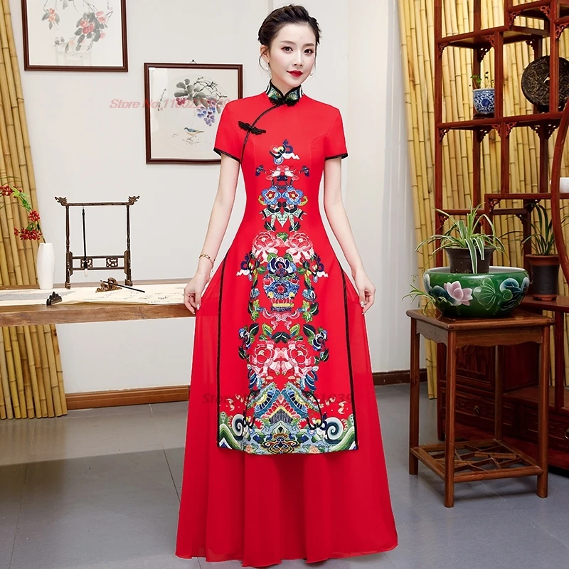 2025 vietnam aodai dress improved cheongsam vietnam a-line folk dress national flower print qipao dress banquet evening dress