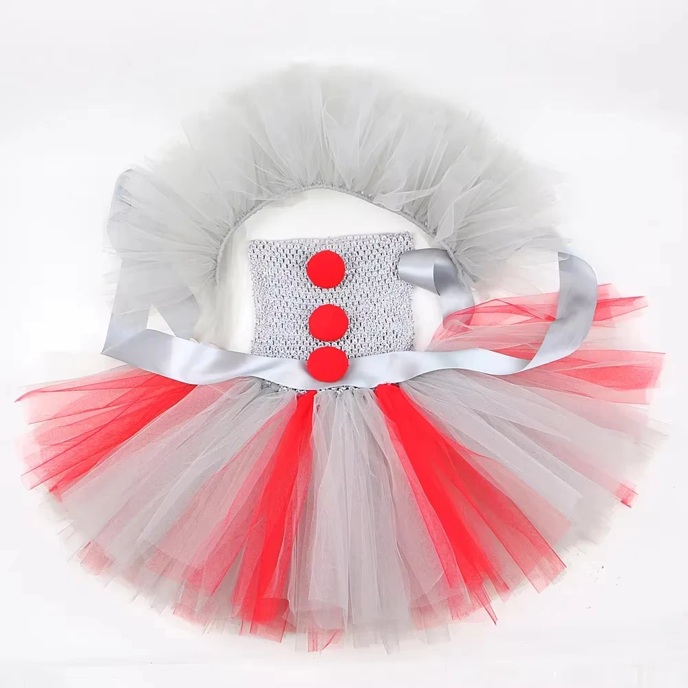 Girls Pennywise Mesh Clown Fancy Dress Sleeveless Ruffle Tulle Gown Halloween Carnival Masquerade Kids Cosplay Costume