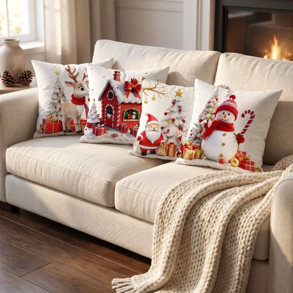 Xmas Soft Christmas Pillow Covers 2D Printed Reindeer Xmas Pillowslip Bear Tree Throw Cushion Case Home